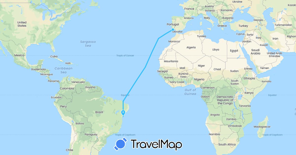TravelMap itinerary: driving, boat in Brazil, Cape Verde, Portugal (Africa, Europe, South America)
